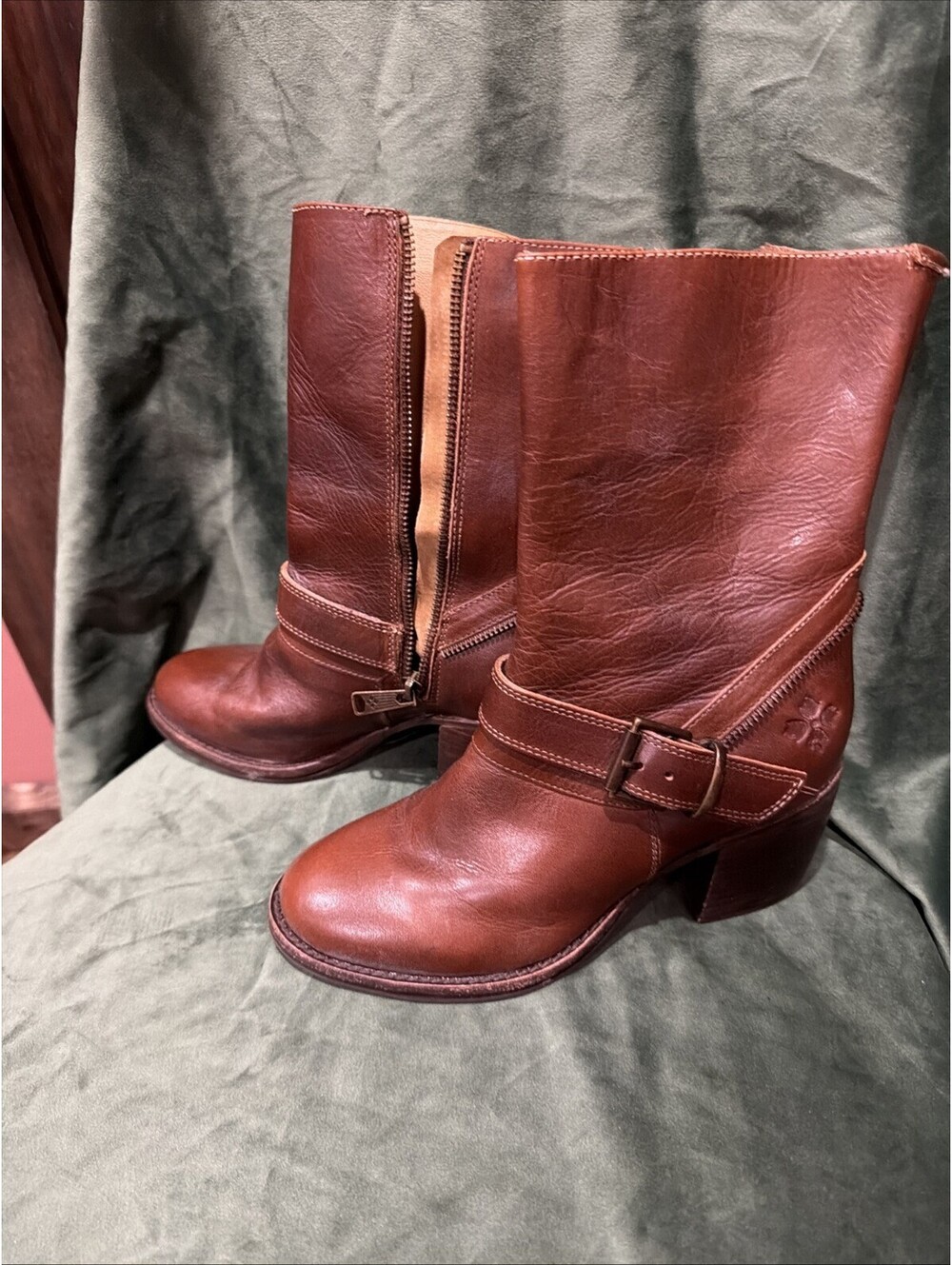 Patricia Nash Brown Leather Mid-Calf Boots with Buckle Detail